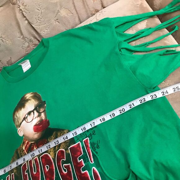 Christmas Story Oh Fudge Ralphie Upcycled Tee Fringe Green Sz XL - Picture 8 of 10